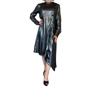 EACH X OTHER PARIS WOMEN'S DRESS ASYMMETRICAL METALLIC  LONG SLEEVE SHIRT MIDI S